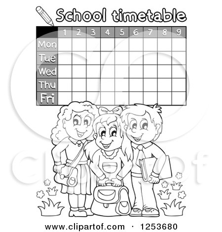 Clipart of a Grayscale Weekly School Timetable with Students - Royalty Free Vector Illustration by visekart