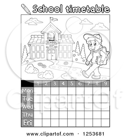 Clipart of a Grayscale Weekly School Timetable with a Boy Walking - Royalty Free Vector Illustration by visekart
