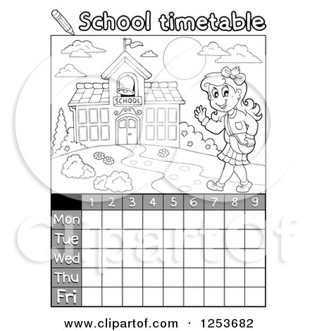 Clipart of a Grayscale Weekly School Timetable with a Girl Walking - Royalty Free Vector Illustration by visekart