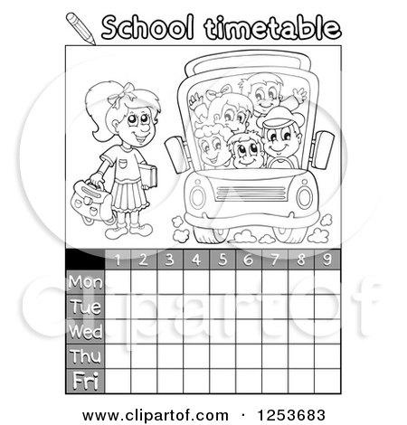 Clipart of a Grayscale Weekly School Timetable with Students and a Bus - Royalty Free Vector Illustration by visekart