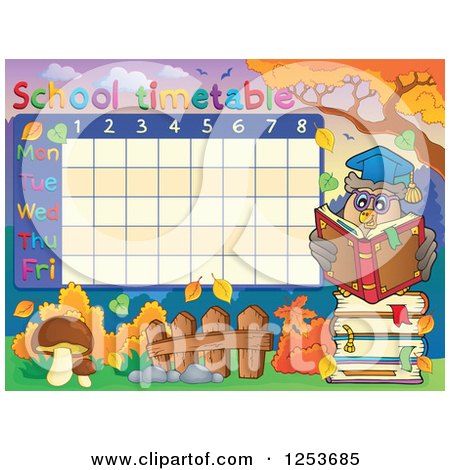 Clipart of a School Timetable with a Reading Professor Owl - Royalty Free Vector Illustration by visekart
