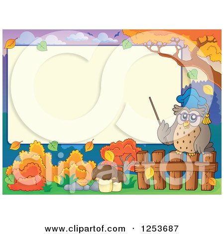 Clipart of a Blank Board and Autumn Border with an Owl Professor Holding a Pointer - Royalty Free Vector Illustration by visekart