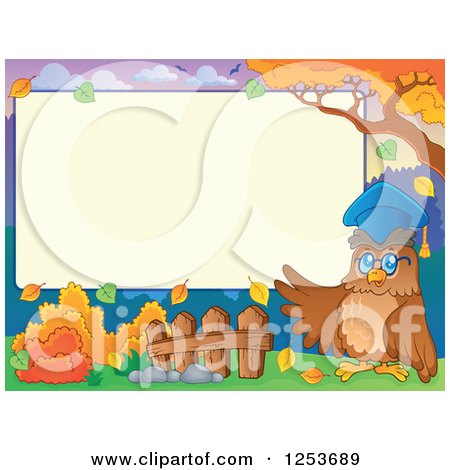 Clipart of a Blank Board and Autumn Border with an Owl Professor - Royalty Free Vector Illustration by visekart