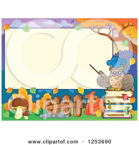 Clipart of a Blank Board and Autumn Border with an Owl Professor and Books - Royalty Free Vector Illustration by visekart