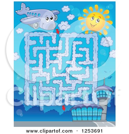Clipart of a Happy Airplane and Airport Maze - Royalty Free Vector Illustration by visekart