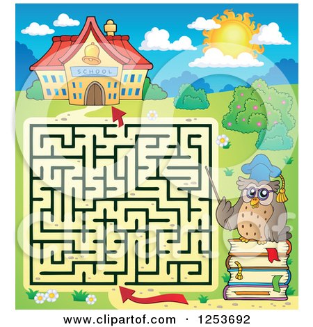 Clipart of a School and Professor Owl Maze - Royalty Free Vector Illustration by visekart