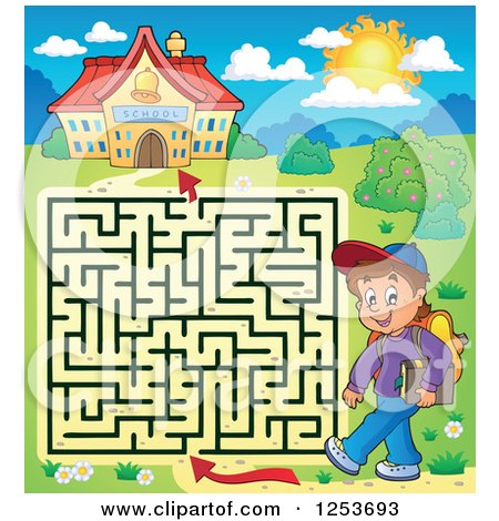 Clipart of a Happy School Boy Maze - Royalty Free Vector Illustration by visekart