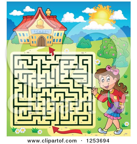Clipart of a Happy School Girl Maze - Royalty Free Vector Illustration by visekart