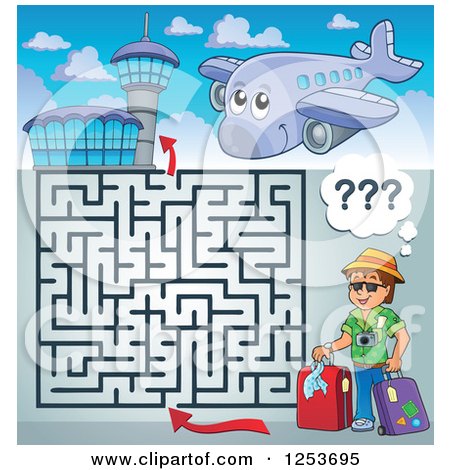Clipart of a Happy Tourist Airplane and Airport Maze - Royalty Free Vector Illustration by visekart