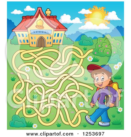 Clipart of a Walking School Boy Maze - Royalty Free Vector Illustration by visekart