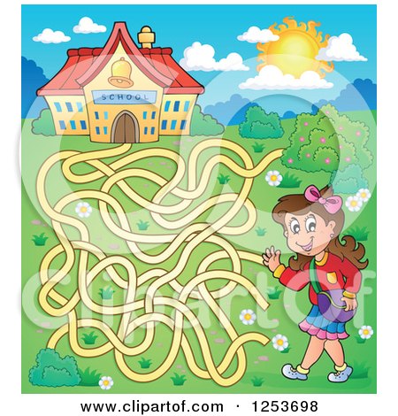 Clipart of a Waving School Girl Maze - Royalty Free Vector Illustration by visekart