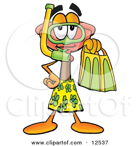Clipart Picture of a Sink Plunger Mascot Cartoon Character in Green and Yellow Snorkel Gear by Mascot Junction
