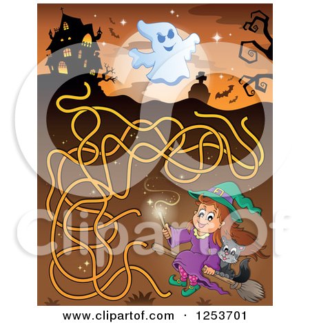 Clipart of a Flying Witch and Haunted House Halloween Maze - Royalty Free Vector Illustration by visekart