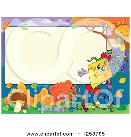 Clipart of a Blank Board and Autumn Border with a Presenting Kite - Royalty Free Vector Illustration by visekart