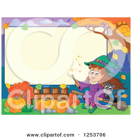 Clipart of a Blank Board and Autumn Border with a Flying Halloween Witch and Cat - Royalty Free Vector Illustration by visekart