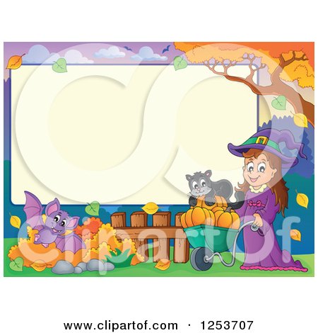 Clipart of a Blank Board and Autumn Border with a Halloween Witch Bat and Cat - Royalty Free Vector Illustration by visekart