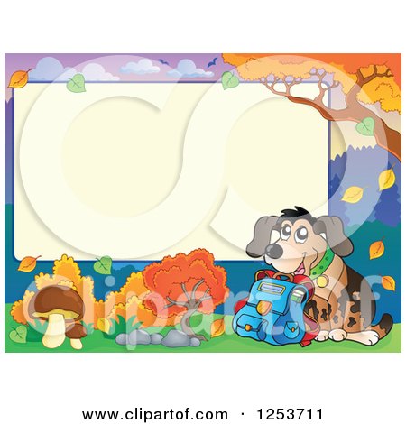 Clipart of a Blank Board and Autumn Border with a School Dog - Royalty Free Vector Illustration by visekart