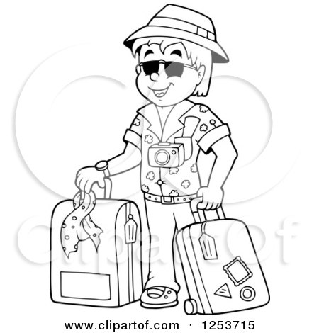 Clipart of a Black and White Happy Man Traveler with Luggage - Royalty Free Vector Illustration by visekart