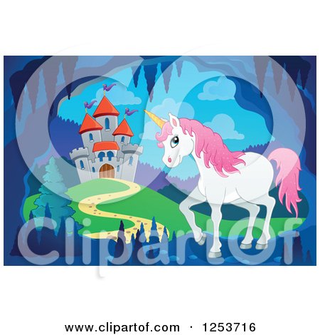 Clipart of a Unicorn in a Cave near a Castle - Royalty Free Vector Illustration by visekart