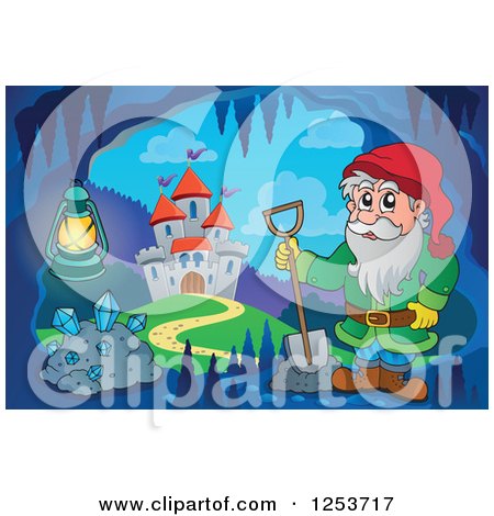 Clipart of a Dwarf in a Cave near a Castle - Royalty Free Vector Illustration by visekart