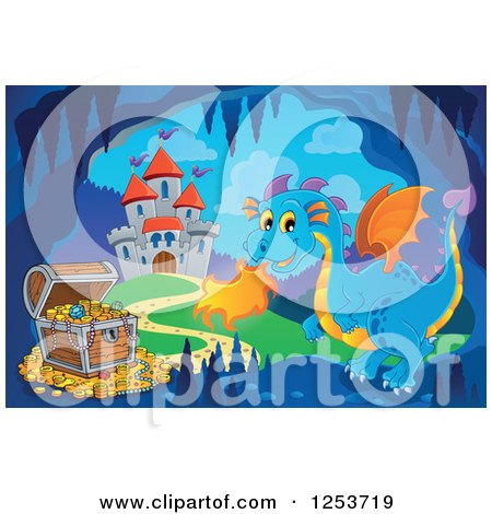 Clipart of a Blue Fire Breathing Dragon and Treasure in a Cave near a Castle - Royalty Free Vector Illustration by visekart