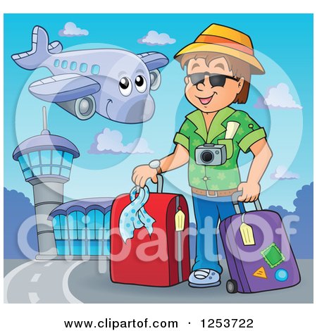 Clipart of a Happy Airplane Flying over a White Man Traveler with Luggage at an Airport - Royalty Free Vector Illustration by visekart