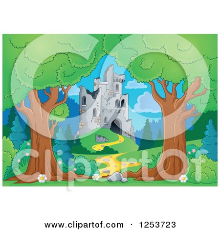 Clipart of Trees Framing a Castle in Ruins - Royalty Free Vector Illustration by visekart