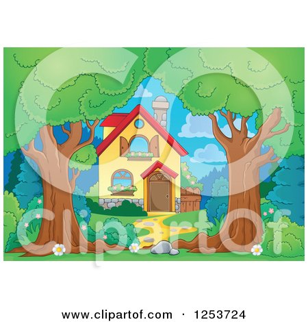 Clipart of Trees Framing a House - Royalty Free Vector Illustration by visekart