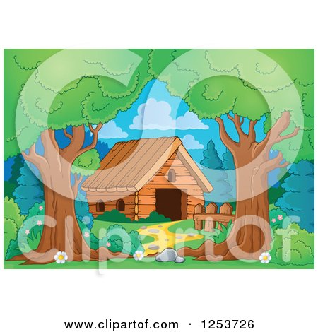 Clipart of Trees Framing a Wooden House - Royalty Free Vector Illustration by visekart