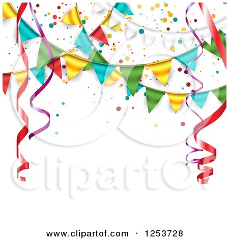 Clipart of a Festive Party Bunting Flag Banner over White with Ribbons and Text Space - Royalty Free Vector Illustration by vectorace