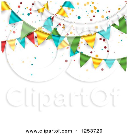 Clipart of a Festive Party Bunting Flag Banner over White with Confetti and Text Space - Royalty Free Vector Illustration by vectorace
