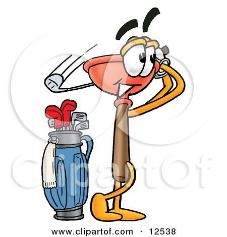 Clipart Picture of a Sink Plunger Mascot Cartoon Character Swinging His Golf Club While Golfing by Mascot Junction