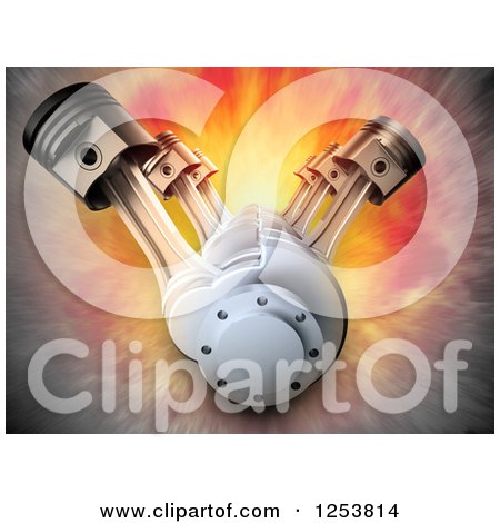 Clipart of a 3d V8 Engine over an Explosion - Royalty Free Illustration by Mopic