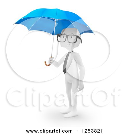Clipart of a 3d Block Head Businessman with an Umbrella - Royalty Free Illustration by Mopic