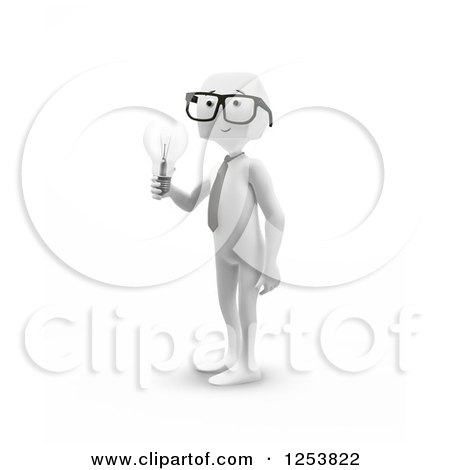 Clipart of a 3d Block Head Businessman Holding a Light Bulb - Royalty Free Illustration by Mopic