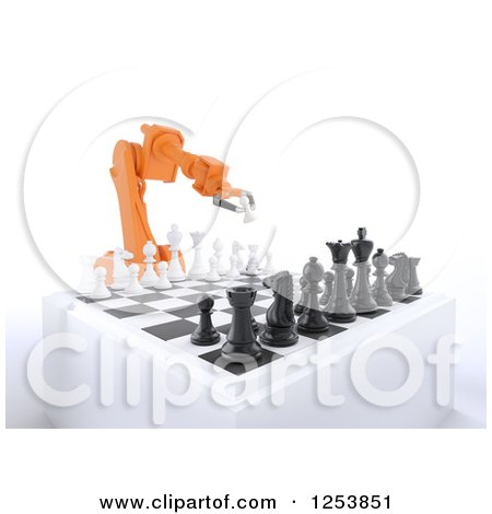 Clipart of a 3d Orange Robot Arm Playing Chess - Royalty Free Illustration by Mopic