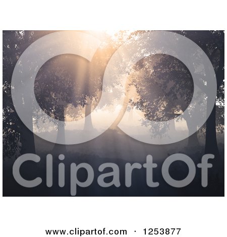 Clipart of a 3d Misty Forest with Sunshine Through the Trees - Royalty Free Illustration by Mopic