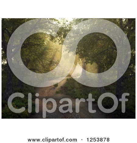 Clipart of a 3d Misty Forest and Path with Sunshine Through the Trees - Royalty Free Illustration by Mopic