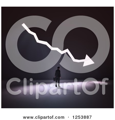 Clipart of a 3d Businessman with Bright Light Shining Through a Decrease Arrow in a Wall - Royalty Free Illustration by Mopic