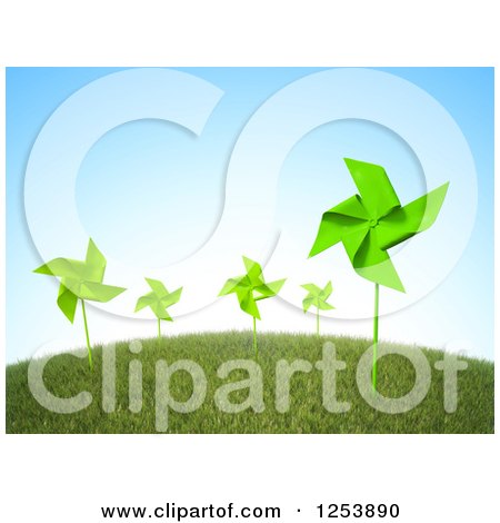 Clipart of 3d Green Pinwheels on a Grassy Hill - Royalty Free Illustration by Mopic