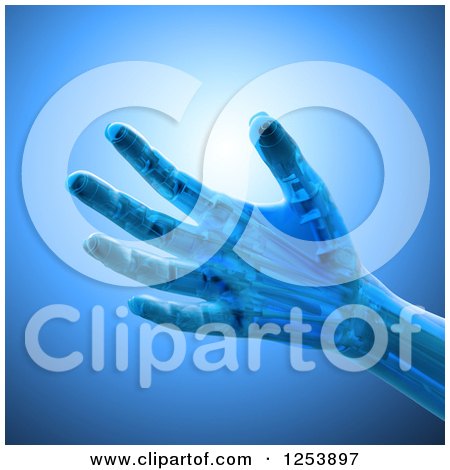 Clipart of a 3d Artificial Prosthetic Robotic Hand over Blue - Royalty Free Illustration by Mopic