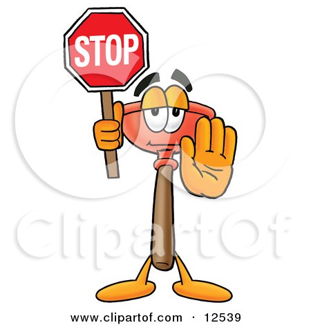 Clipart Picture of a Sink Plunger Mascot Cartoon Character Holding a Stop Sign by Mascot Junction