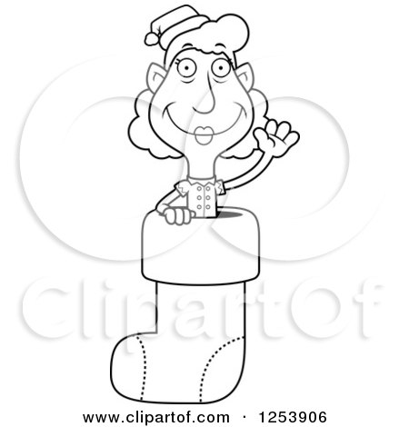 Clipart of a Black and White Grandma Christmas Elf Waving in a Stocking - Royalty Free Vector Illustration by Cory Thoman