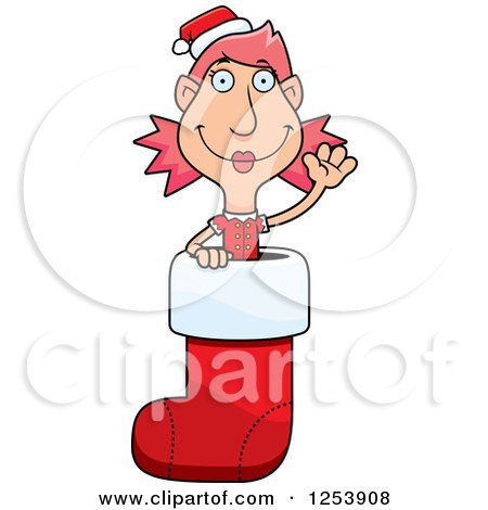 Clipart of a Woman Christmas Elf Waving in a Stocking - Royalty Free Vector Illustration by Cory Thoman
