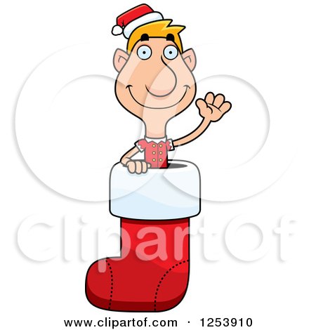 Clipart of a Man Christmas Elf Waving in a Stocking - Royalty Free Vector Illustration by Cory Thoman