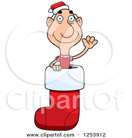 Clipart of a Grandpa Christmas Elf Waving in a Stocking - Royalty Free Vector Illustration by Cory Thoman
