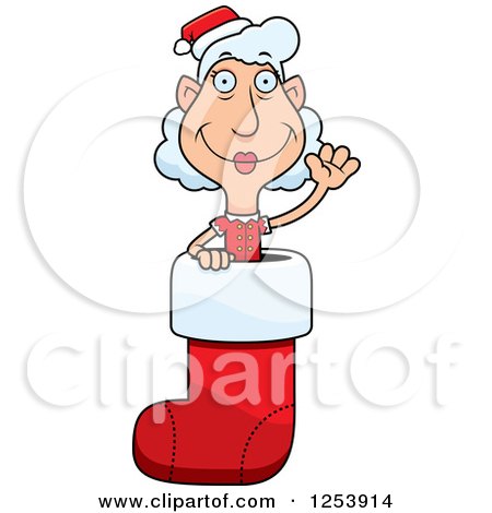 Clipart of a Grandma Christmas Elf Waving in a Stocking - Royalty Free Vector Illustration by Cory Thoman