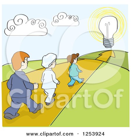Clipart of a Line of People Walking down a Path to an Idea - Royalty Free Vector Illustration by David Rey