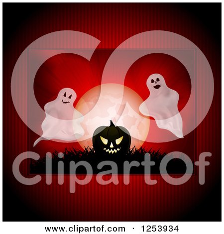 Clipart of a Red Halloween Background with a Jackolantern and Ghosts over a Full Moon - Royalty Free Vector Illustration by elaineitalia