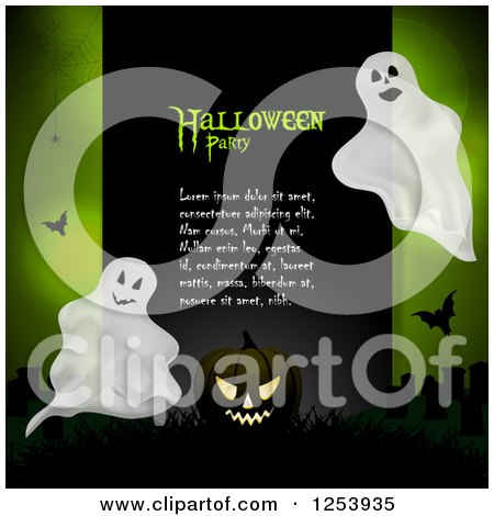 Clipart of a Green Halloween Background with a Cemetery Jackolantern and Ghosts - Royalty Free Vector Illustration by elaineitalia